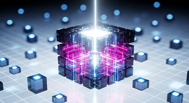 Abstract glowing cube with neon lines and dots, representing advanced technology, data processing, and futuristic digital network concept