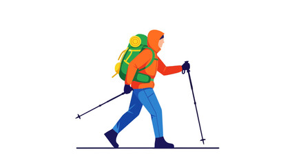 Naklejka premium Adventurous Traveler Hiking With Backpack And Poles Depicted In Energetic Illustration