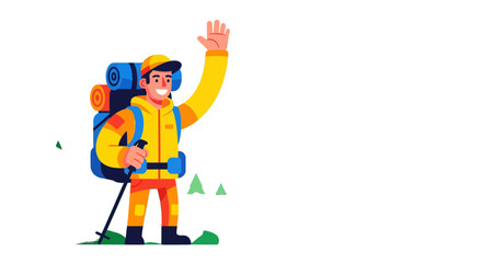 Adventurous Traveler in Hiking Gear Waving with Mountain Backpack and Smiling Joyfully