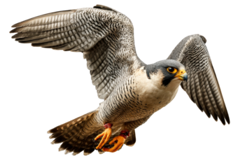 Peregrine falcon in flight with wings spread wide on a transparent background, cut out
