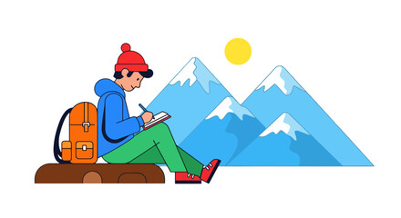 Adventurous Traveler Sketching Majestic Mountains Under a Sunny Sky Illustration