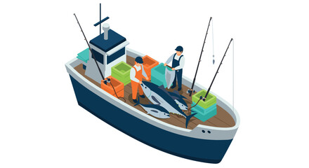 Obraz premium Isometric fishing boat scene with fishermen and fresh catch on deck