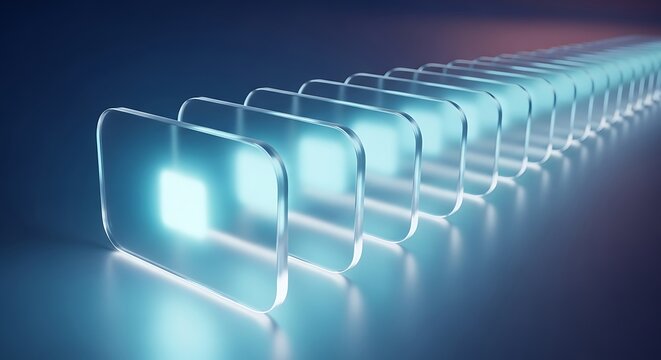 A sleek row of translucent folders, illuminated with a soft blue glow, symbolizes organized data and efficient file management
