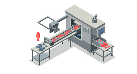 Obraz premium Isometric fish processing conveyor with fresh seafood in modern facility