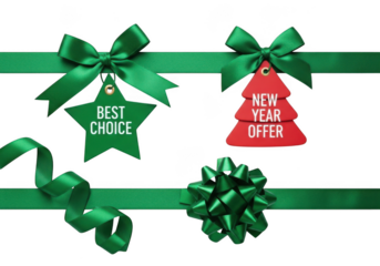Green ribbon with christmas star tag best choice and red new year offer tree tag isolated on transparent background