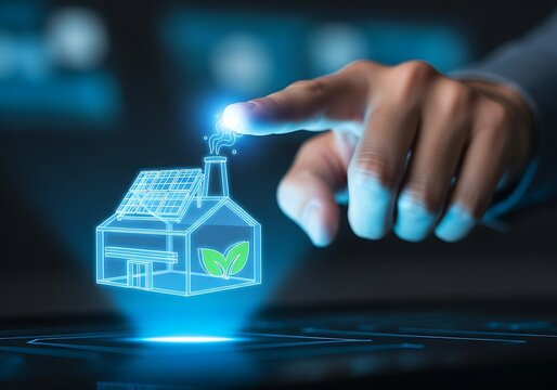 Close up of a hand touching a digital screen with a smart home icon, representing the concept of energy efficiency, sustainable living, and environmental conservation for a better future