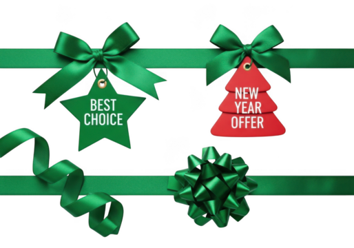 Green ribbon with christmas star tag best choice and red new year offer tree tag isolated on transparent background - Powered by Adobe