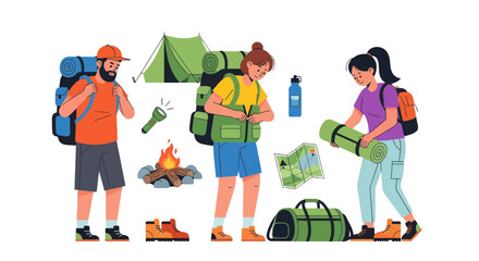 Adventurous Trio Preparing For A Camping Expedition In The Great Outdoors Adventure Ahead