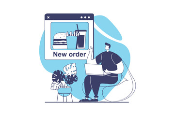 Food delivery web concept with flat people for website design. Man making online order in restaurant menu from laptop, paying, tracking and waiting courier with meal shipping. Vector illustration.