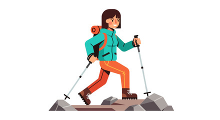 Adventurous Woman Hiking Mountain Trails With Backpack And Trekking Poles On Rocks