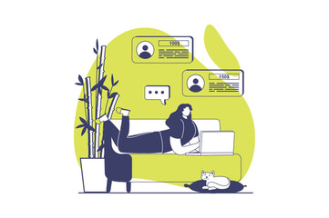 Freelance working web concept with flat people for website design. Woman getting job offers with payments and homeworking in comfortable home office space distantly online. Vector illustration.