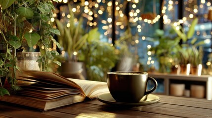 up of coffee and an open book in cafe