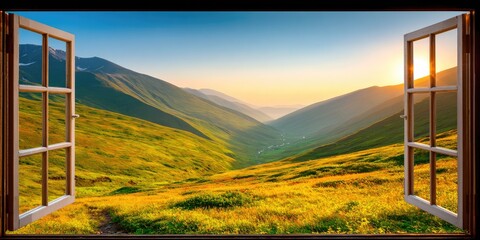 Sunrise illuminates rolling green hills seen through an open window.