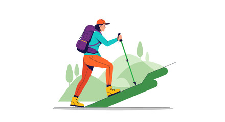 Adventurous Woman Hiking Uphill with Backpack and Walking Stick in Nature's Beauty