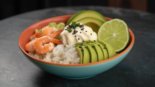 Shrimp Bowl mit Avocado, Jasminreis und Limetten-Dressing
