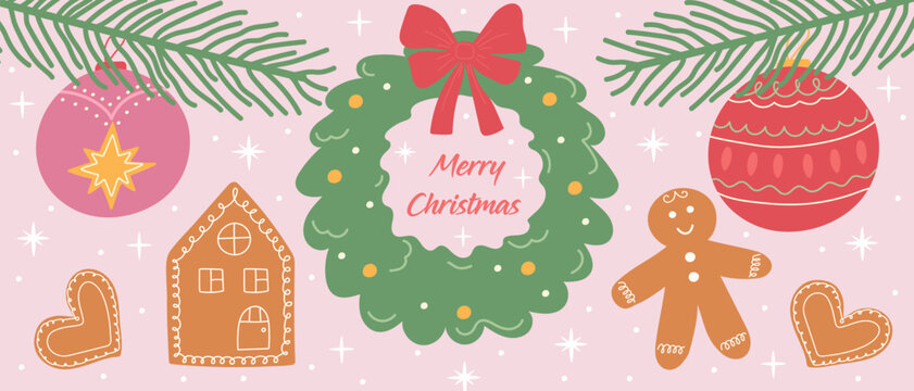 A cute Christmas banner with a wreath, gingerbread cookies, and ornaments. A festive flat illustration for a winter greeting card or party invitation.