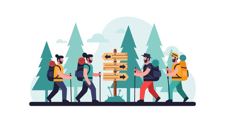 Adventurous Squad Embarks On a Journey through the Forests with Backpacks and Signposts