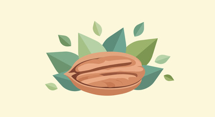 Aesthetic Illustration Of A Detailed Nut With Green Leaves In Creamy Background