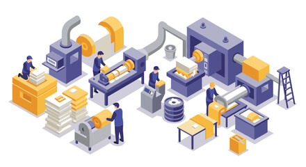 Obraz premium Modern printing factory workflow with isometric machines and workers