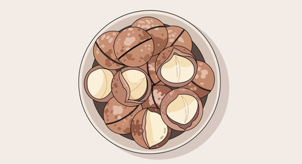 Aesthetic Illustration Of Macadamia Nuts Displayed On A Plate With A Beige Backdrop