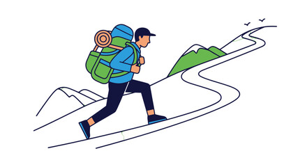 Adventurous Traveler Ascending Mountain Path: A Journey Through Nature's Serene Beauty