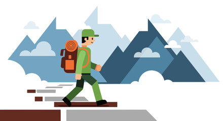 Adventurous Traveler Ascending Mountain Steps Facing Scenic View with Backpack