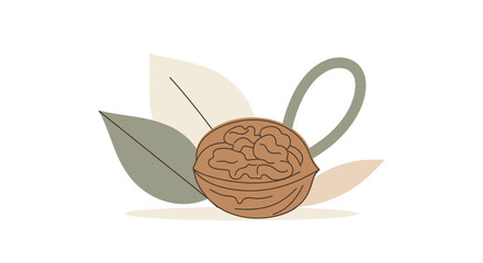 Aesthetic Walnut Illustration With Soft Leaves and Natural Elements in Organic Composition
