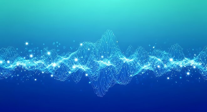 Abstract blue wave of glowing particles on a gradient background, creating a dynamic and visually appealing composition with a modern aesthetic