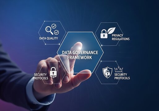 A business man is pointing at a virtual screen showing the data governance framework, high quality, privacy regulation, security protocols, and other important concepts for data management
