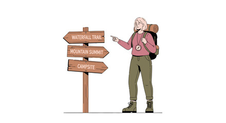 Adventurous Traveler Choosing Hike Path on a Wooden Sign Directing to Waterfall and Mountain