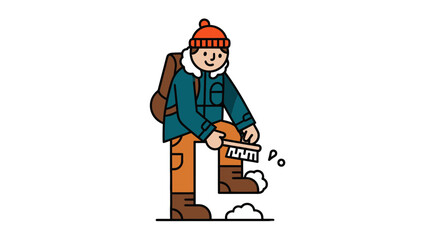 Adventurous Traveler Cleaning Snow Off His Boots Before Setting Out On Expedition