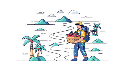 Adventurous Traveler Carrying a Basket of Fruit Along a Scenic Path, Illustration
