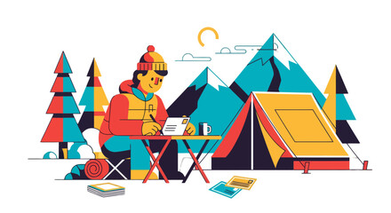 Adventurous Traveler Composing Messages Amidst Mountain Peaks And Camp Site Designs