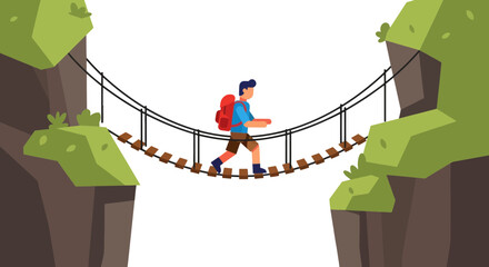 Adventurous Traveler Crossing Rope Bridge Amidst Rocky Cliffs and Vast Darkness