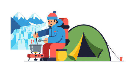 Adventurous Traveler Cooking In The Wild Next To A Tent And A Beautiful Mountain View