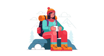 Adventurous Traveler Enjoys A Break In The Mountains With A Warm Beverage