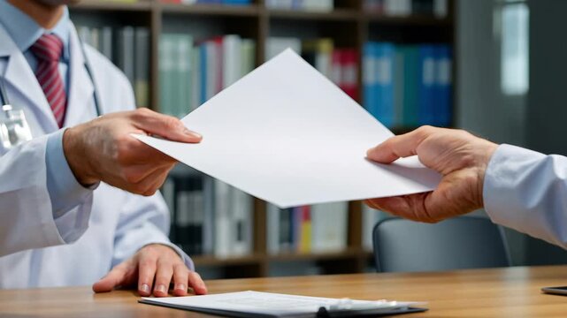 Medical professional hands over important document in clinic