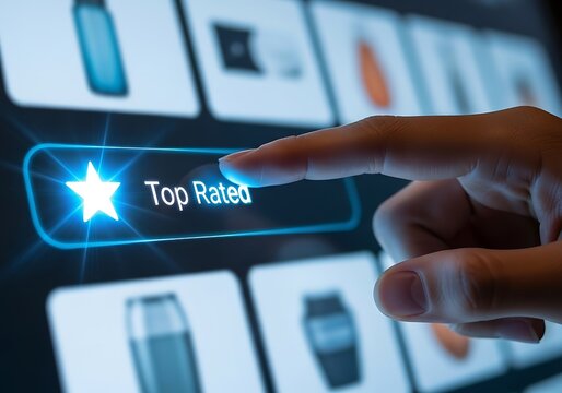 A finger presses a top rated button on a digital screen displaying various product options, emphasizing customer satisfaction, quality assurance, and the importance of positive reviews