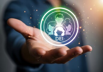 A hand presents a digital icon representing diversity, equity, and inclusion dei, symbolizing the importance of inclusive workplace practices, equal opportunity, and social responsibility