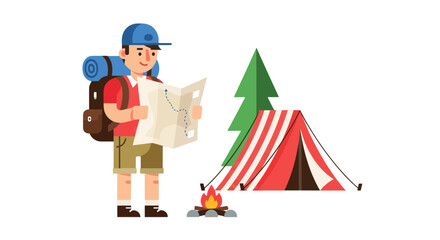 Adventurous Traveler Gazing At Map Planning Campfire And Seeking Destination Under The Open Sky