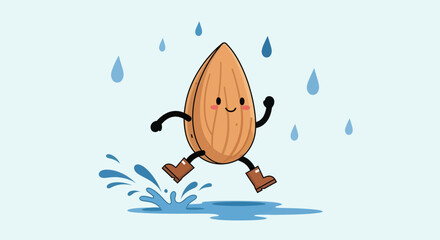 Animated Almond Character Joyfully Splashing in Rain While Wearing Adorable Brown Boots