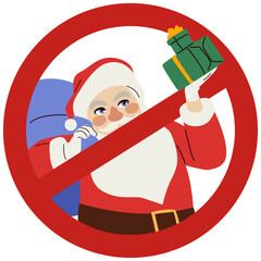 Cartoon vector illustration of Santa Claus holding Christmas presents with a red ban symbol, representing a concept against consumerism. Clip art for holiday campaigns, ethical marketing and social aw