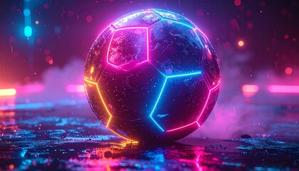 Neon-lit soccer ball with glowing hexagon panels on a wet, reflective surface amidst colorful bokeh lights
