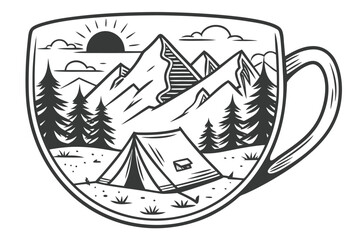 Black and white line art of a camping scene inside a coffee mug tent mountains