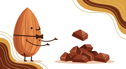 Animated Almond Character With A Bowtie Welcoming A Pile Of Chocolate Chunks Delightfully