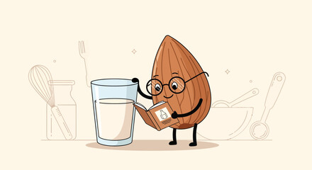 Animated Almond Character Reading Recipe Book Beside A Glass Of Milk Composition