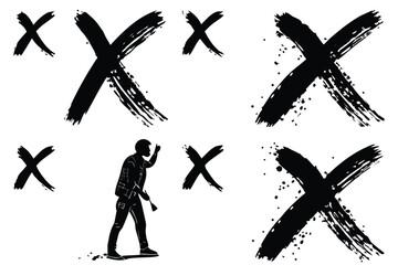 Black ink brush stroke Xs and silhouette of person with backpack white cross