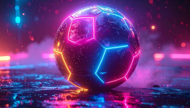 Neon-lit soccer ball with glowing hexagon panels on a wet, reflective surface amidst colorful bokeh lights