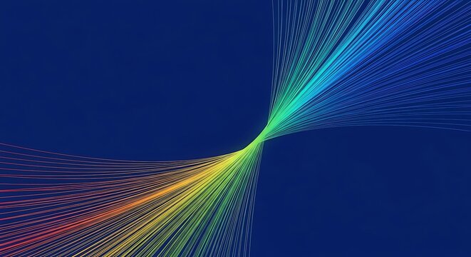 Abstract rainbow light trails converging on a dark blue background, creating a sense of depth and movement with vibrant colors