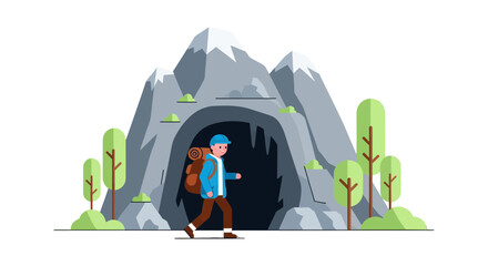 Adventurous Traveler Heading Into A Cave With Mountains And Trees In Vector Graphics